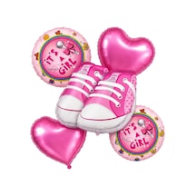 5 Li Baby Girl Ayakkabı Folyo Balon Seti Pembe Kalpli Kız Bebek Baby Shower Süsü Pembe Beyaz