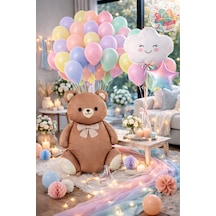 Ayıcıklı Pastel Balon Seti 30 Lu 90 Cm Ayı + Bulut + Yıldız Folyo Baby Shower Doğum Günü Dekor Kahverengi