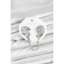 Pirinç Gümüş Renk Sarmal Model Zincir Bağlantılı Ear Cuff Küpe Seti Çok Renkli