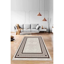 Bej Çerçeveli Kaymaz Tabanlı Makinede Yıkanabilir Halı Rv032n11