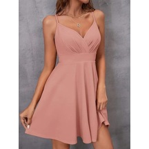 Kadın Ip Askılı Kruvaze Yakalı Kiloş Ithal Krep Elbise Pembe