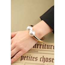 Çildan Womens Silver Özel Tasarım Karşılıklı İnci Detaylı Kelepçe Altın - Gümüş