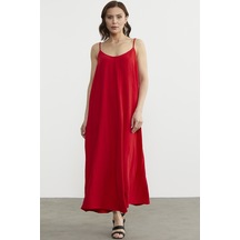 Ayarlanabilir Askılı Uzun Krep Elbise - Kırmızı 001