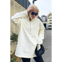 Ekru Fermuar Yaka Yırtmaçlı Sweatshirt Mg1903