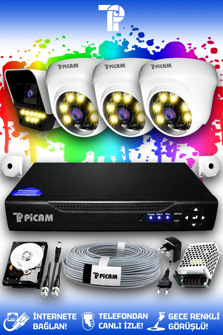 Picam 4 Kameralı Süper 3 İç Kamera Set 320 GB 5 MP 2K Net Renkli Gece Görüşlü Güvenlik Kamerası Sistemi