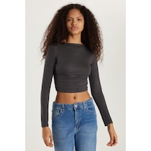 Tudors Kadın Slim Fit Dar Kesim Bisiklet Yaka Sırt Detaylı Antrasit Bluz-34076 Antrasit