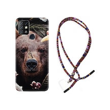 Infinix Hot 10 Kılıf Rasta Boyun Askılı Flowers Bear 1337 Siyah