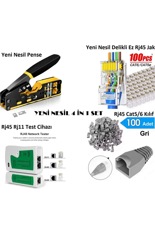 Yeni Nesil Rj45 Sıkma Pensesi + Rj45 Test Cihazı + 100 Adet Cover + 100 Adet Yeni Nesil Ez 8pc8c Utp Jak Network Set