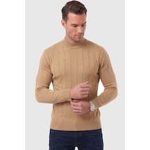 Rizzup Erkek Slim Fit Yarım Balıkçı Yaka Çizgi Dokulu Camel Triko Kazak 2505503