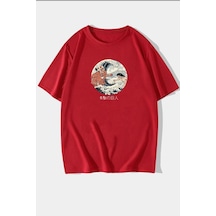 Unisex Kanagawa Oki Nami Ura Baskılı T-shirt Kırmızı