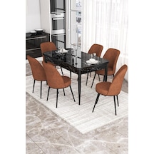 Canisa Kor Serisi 70x114 Açılabilir Mutfak Masası Takımı Siyah Mermer Desen Masa 6 Kiremit Sandalye Masa Siyah Mermer Desen Sandalye Kiremit