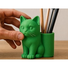 3d Baskı Kedi Figürlü Kalemlik - Masaüstü Organizer - Yeşil Çok Renkli