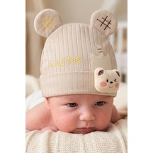 Kayra Baby Erkek Bebek Cute Ayıcık Figürlü Penye Şapka 0-9 Ay Bej