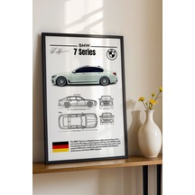 Bmw 7 Serisi Tablo - Teknik Özellikli Alman Lüks Sedan Poster - Çerçeveli Duvar Dekoru - Blueprint Siyah