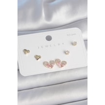 Pirinç Gold Renk Pembe Zirkon Taşlı Kalp Model 925 Ayar Gümüş Çivi Kadın Küpe Seti - Tj-bkp10492 Çok Renkli