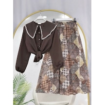Lovie Moda Kadın Beyaz Fisto Gömlek Beli Lastikli Desenli Şifon Etek Takım - Kahverengi