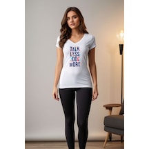 Squitee Talk Less Do More Baskılı Beyaz V Yaka Tişört - Beden: Xs
