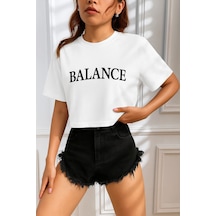 Kadın Tişört Crop Tişört Baskılı Fit Tişört Balance-tişört Beyaz