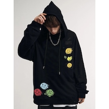 Startmore Unisex Emoji Özel Baskılı Kapüşonlu Oversize Sweatshirt Siyah Siyah