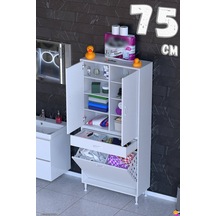 Yeni Afra 75 Cm 2 Gözlü Kirli Çamaşır Sepet, 2 Kapak Ve Çekmeceli 8 Raflı Çok Amaçlı Banyo Dolabı 75 Cm