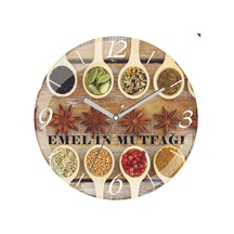 Kişye Özel Emel'in Mutfağı Çap 30cm Sessiz Akar Bombeli Gerçek Cam Duvar Saati Siyah