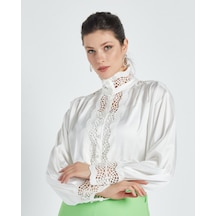 Şık Kadın Gömlek - Transparan Detaylı - Modern Ve Şık Tasarım- Özel Gün Ve Davetler İçin Gömlek Ekru