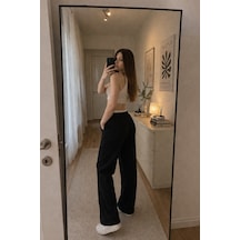 Winmoda34 Kadın Kumaş Pantolon Beli Garnili Bağcıklı Bol Paça Palazzo Model Siyah
