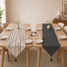 Tek Runner İki Farklı Yüz, Çift Taraflı Kullanım 45 X 150 Cm, Desenli Ve Düz İki Yüzlü Runner, Püsküllü Dekoratif Masa Örtüsü Gri Lacivert Krem Çizgili Desenli Çok Renkli