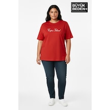 Superlife Kadın Büyük Beden Capri Island Baskılı 3xl-6xl Bisiklet Yaka Tshırt Spr26btsk510-14 Kırmızı