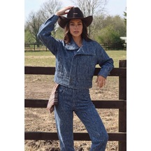 Kadın Mavi 9w6-197 Crop Kruvaze Özel Kumaş Tasarım Denim Ceket