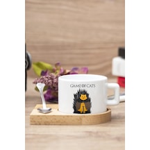 Game Of Cats Baskılı Ahşap Altlıklı Kaşıklı Kupa Beyaz