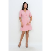 Dorne Moda Premium Gold Düğme Detaylı Mini Elbise - Düğün - Mezuniyet - Ofis Şıklığı Pembe Pembe