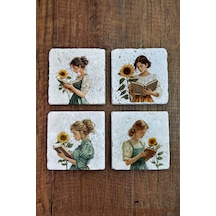 Doğal Taş Bardak Altlığı -kitap Okuyan Kız & Ayçiçeği Temalı Stone Coasters Çok Renkli