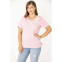 Şans Kadın Büyük Beden Beyaz Pamuk Kumaş Dantel Detaylı Bluz 65n36937-pembe Pembe