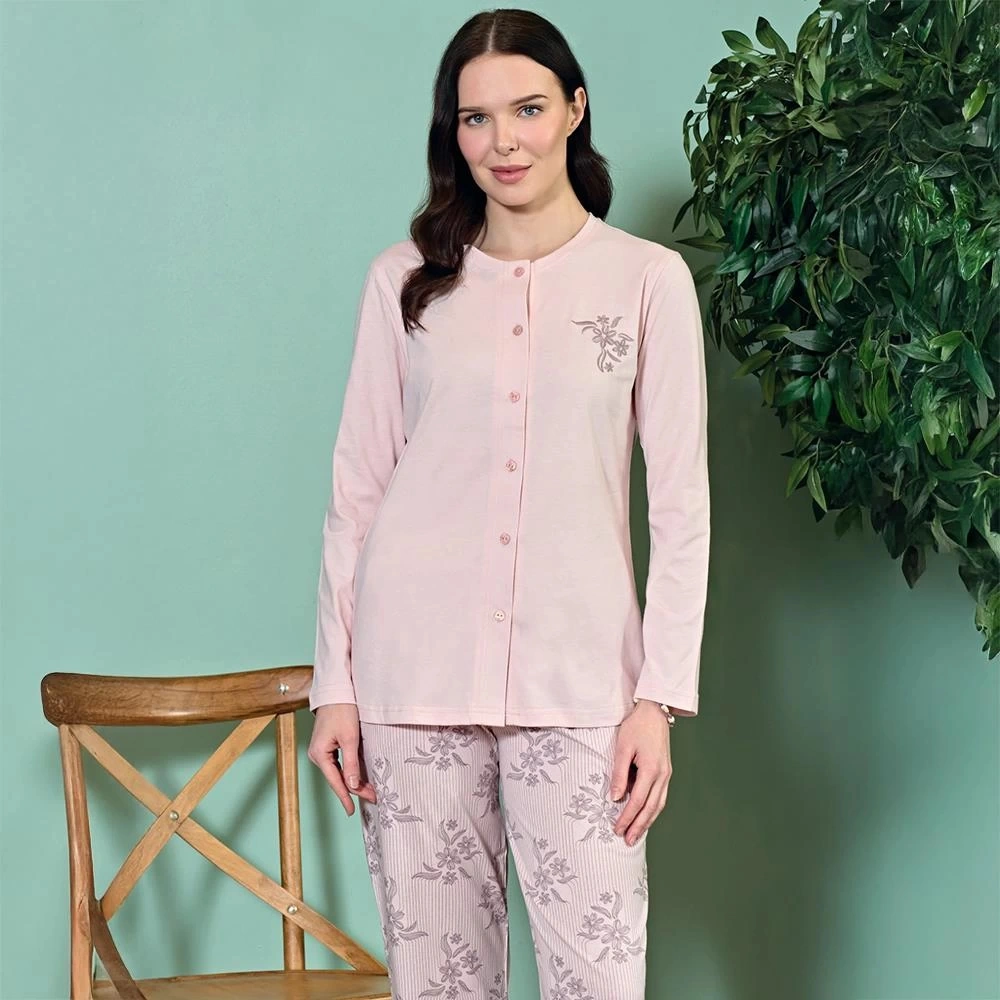 Over Sleep By Poleren Over Sleep 1803 Kadın Uzun Kol Viskon Büyük Beden Pijama Takım Pembe