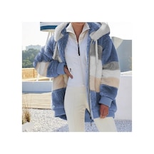 Sonbahar Kış Sıcak Peluş Cep Kapşonlu Sokak Giyim Gevşek Kadın Fermuarlı Kaşmir Dış Giyim Palto Kadın Büyük Boy Ceket Palto Mavi