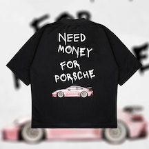 Tarzsokak Need Money For Porsche Oversize Unisex Pamuklu Nefes Alan Kalın Kumaşlı Siyah