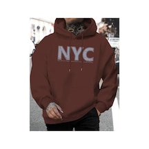 Herkesemoda Nyc Baskı Detaylı Kapüşonlu Sweatshırt Kahverengi