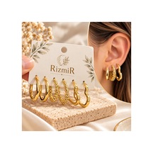 Gold 3'lü Halka Küpe Seti Kadın Küpe Altın