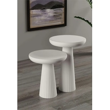 Wood Wooden Ahşap 2 Li Set Fitilli Mantar Beyaz Yan Sehpa Modern Fiskos / Çiçeklik / Zigon Beyaz
