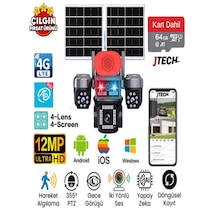O-kam Ok-337 Premium 4g 12mp Sim Kartlı 2xsolar Panelli Çakarlı 4 Kameralı 1 Ptz Akıllı Kamera + 64gb Sd Kart