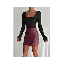 Luka Suni Deri Kumaş Beli Lastikli Yırtmaçlı Tasarım Siyah Renk Mini Etek Bordo - 791366495 Bordo