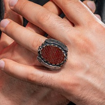 925 Ayar Gümüş Akik Taş Üzeri Ayetel Kürsi Yazılı Dualı Büyük Boy Usta İşi Erkek Yüzük Gümüş