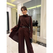 Efnaz Style Kadın Uzun Kollu Şal Detaylı Bluz Ve Pantolon Ikili Takım Kemer Dahil Değil Kahve
