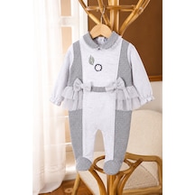 Babyhola Özel Tasarım Kız Bebek Etekli Tulum Çiçek Nakışlı Quenn Collection Yenidoğan Bebek Hediyesi 14031 Gri