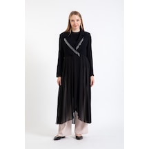 Yaka Kenarı Zincir Aksesuarlı Eteği Kırma Şifon Detaylı Pantolonlu Takım Taş-taş Taş