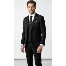 Erkek 3 Parça Slim Fit Takım Elbise Klasik Likralı Kumaş, Tek Düğme, Çift Yırtmaçlı Modern Kesim Ceket Yelek Pantolon Siyah