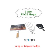 2'li Tahta Kulplu Paslanmaz Krom Kaplama Tel Mangal Izgarası 25x32 Cm 6 Şiş Ve Yelpaze Hediyeli