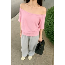 Pembe Kadın Düşük Omuz Kayık Yaka Oversize T-shirt Pembe