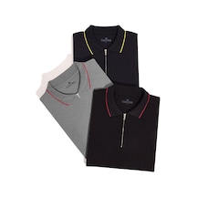 Tudors Erkek 3'lü Paket Lacivert-gri-siyah Slim Fit Dar Kesim Pamuklu Düz Fermuarlı Pike Polo Yaka Tişört-34064 Multi